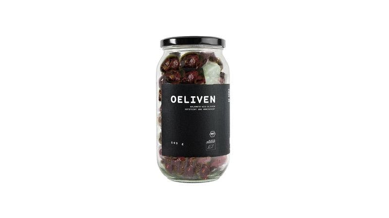 OELIVEN - biozertifizierte Kalamata-Oliven ( 100% ). Veredelt mit Olivenöl , Meersalz, Essig und Oregano