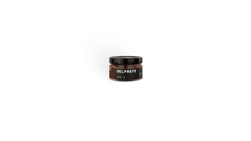 OELPASTE - sortenreine Paste aus biozertifizierten Kalamata-Oliven. Veredelt mit nativem sortenreinem selbsterzeugtem biozertifiziertem Koroneiki-Olivenöl extra,  feinem Salz, Knoblauch, Oregano und Essig. 