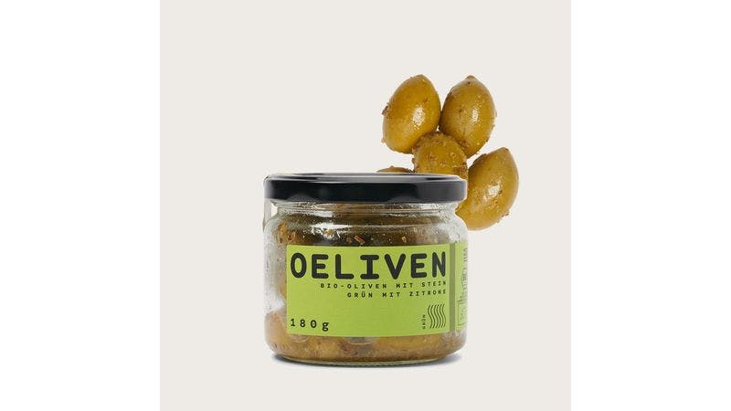 OELIVEN Bio Oliven mit Stein, Grün mit Zitrone und Oregano, 180 g