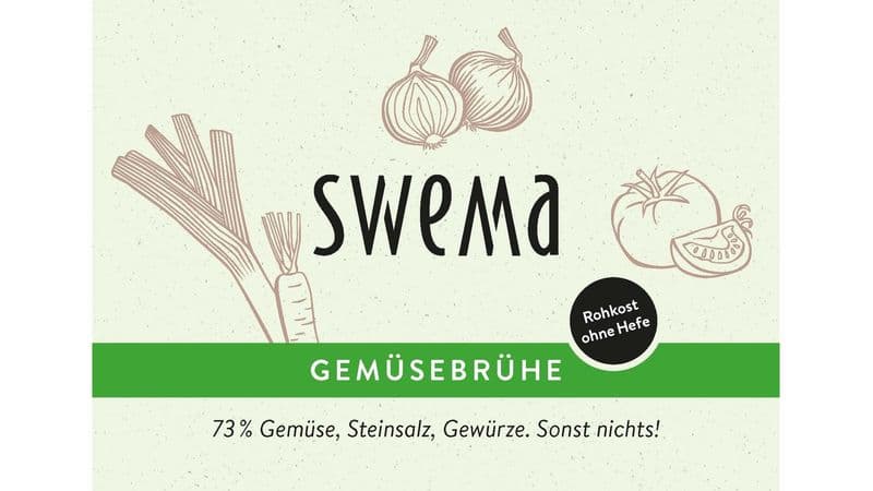 30 Informationskarten für die Kunden SweMa Gemüsebrühe - 73% rohes Gemüse, Steinsalz, Gewürze. Sonst nichts!