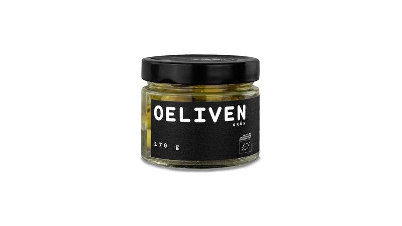 OELIVEN - biozertifizierte Chalkidiki-Oliven ( 100% ). Veredelt mit nativem sortenreinem selbsterzeugtem biozertifiziertem Koroneiki-Olivenöl extra, Meersalz, Knoblauch, Essig und Oregano.